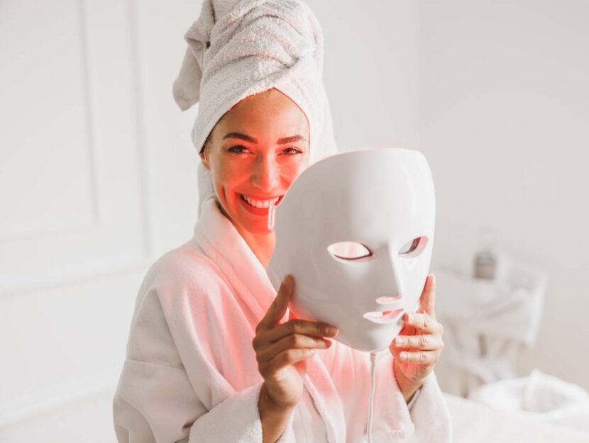 Una donna utilizza una maschera per il viso Led