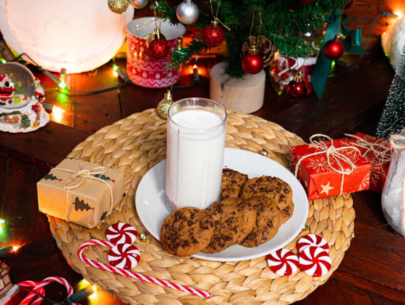 latte e biscotti poggiati sotto l'albero