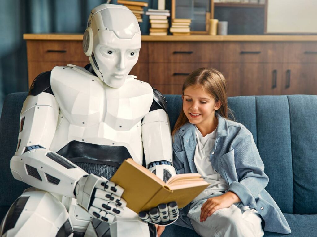 Una bambina studia con un robot umanoide